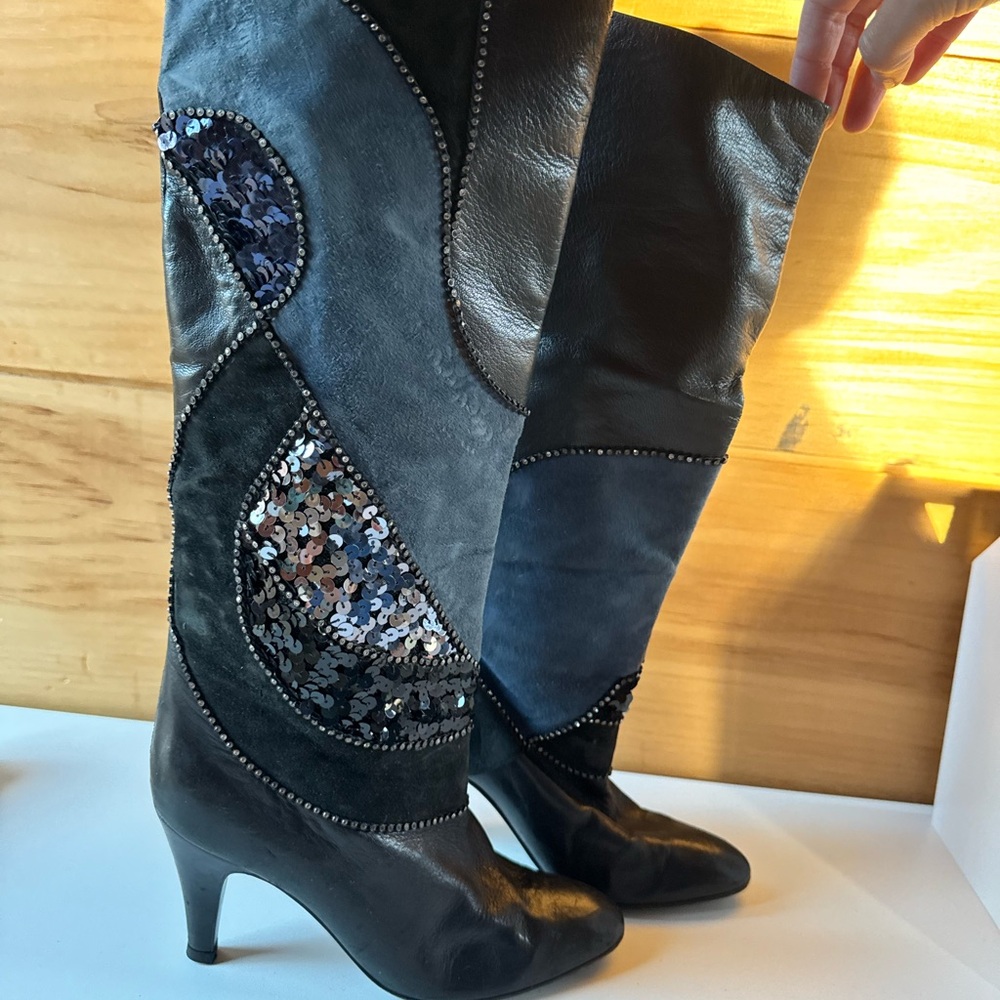 Vintage Patchwork Black Sequin Knee-High Boots 6